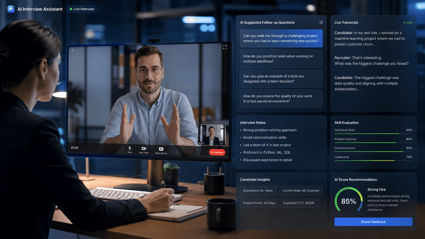 ROVIEN Assist — recruiter-guided interview with AI suggested follow-ups and live scoring